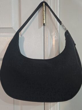 Anne Klein Black Jacquard Crescent Shoulder Bag